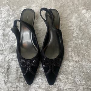 Black Suede Kitten Heels Sling Back Sz 8.5 Bow "Snakeskin" trim